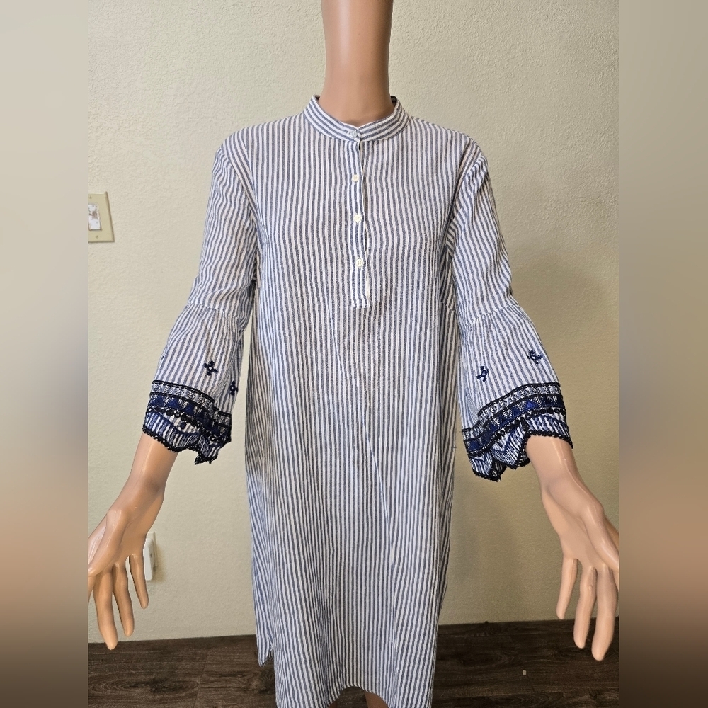 Ralph Lauren 14 Cotton Gauze Beachy Embroidered Striped Tunic Dress - Picture 3 of 7